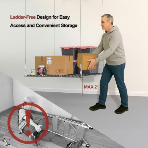 Overhead Garage Storage Rack for 12โ14 FT Ceiling, Heavy-duty 4x4 FT Ceiling ...