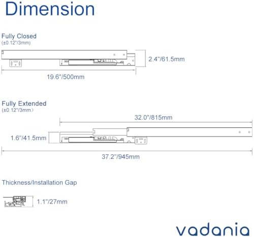 VADANIA #BK54 20" Undermount Drawer Slide, Soft Close