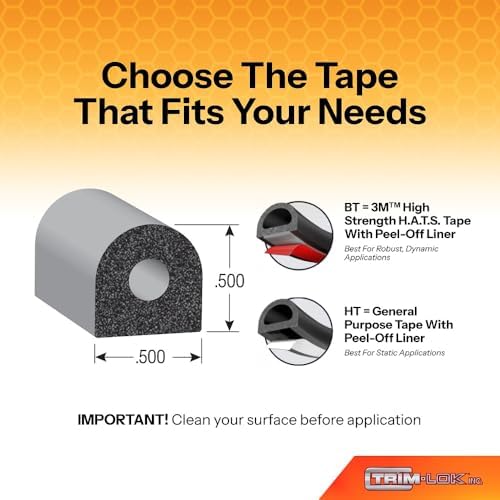 TRIM-LOK D-Shaped Rubber Seal with High Tack Tape, 0.36-Inch Height, 0.625-In...
