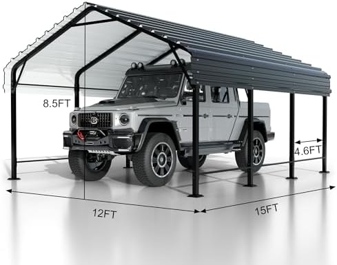 JY QAQA 12 x 15 FT Metal Carport Kits with Galvanized Steel Roof, Heavy Duty ...