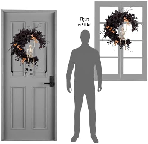 20" Pre-lit Halloween Black Moon Wreath with Poseable Skeleton, Handmade...