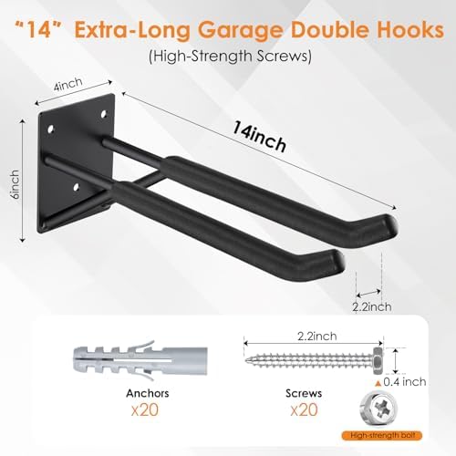 14" Garage Hooks Heavy Duty 4-Pack - Garage Storage System Hooks, Ladder...