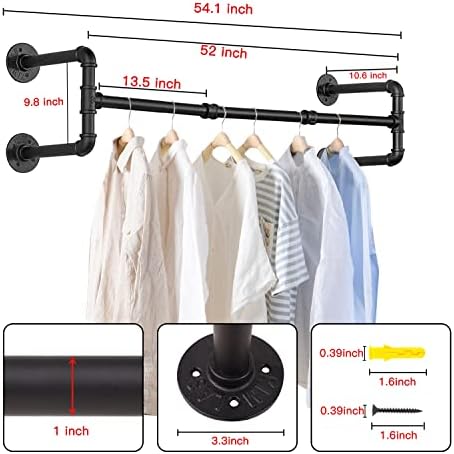 Wall Mounted Clothes Rack - 54" Industrial Pipe Clothing Garment Rack, S...