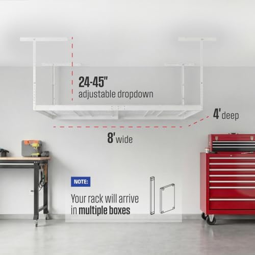 SafeRacks White 4x8 Overhead Storage Rack w/ 5-pc Hook Pack (24”-45" Drop)