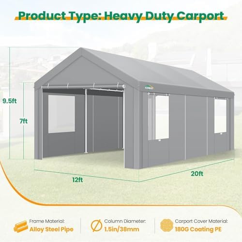 COBIZI 12x20 FT Heavy Duty Carport with Galvanized Frame, Gray