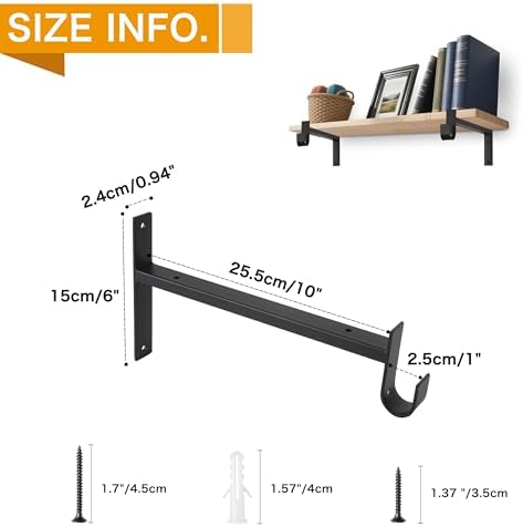 EZYDECOR Closet Rod Bracket Shelf Brackets with Hook Black 10 Inch 6 Pack