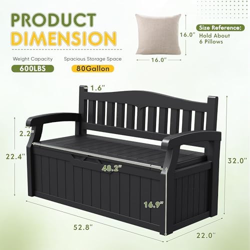 Greesum 80 Gallon Storage Bench Outdoor Deck Box with Armrest, Black
