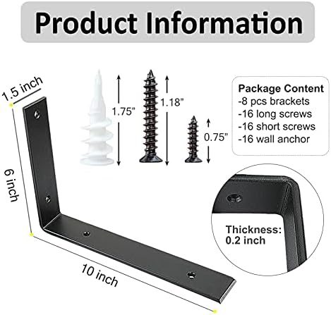 Shelf Brackets 10 Inch Wall L Brackets 8PCS Heavy Duty for Shelves Metal Blac...