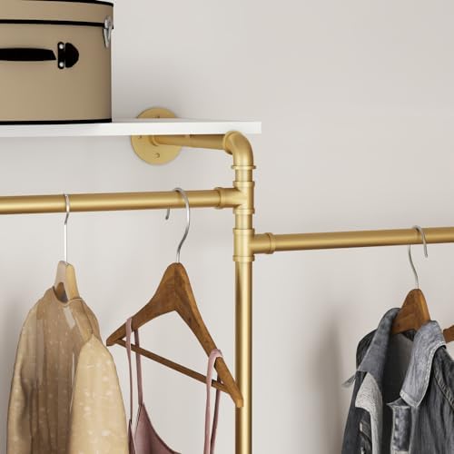 KaKaBB Industrial Pipe Clothing Rack with Shelves, Wall Mounted Gold Corner C...