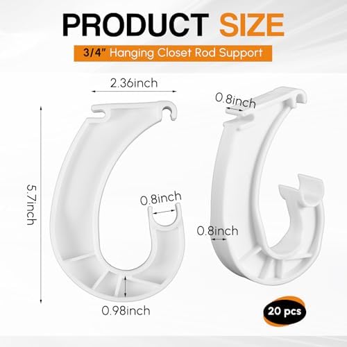 Wonderjune 20 Pcs Hanging Closet Rod Support, 3/4 Clothes Rod Bracket, Shelvi...