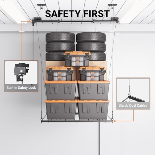 Adjustable Overhead Garage Storage Rack, 4x4ft Garage Ceiling Storage Lift, H...