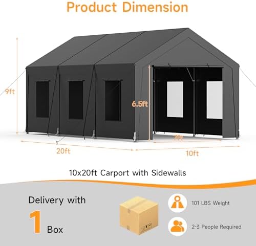 Carport Heavy Duty, Car Port with Reinforced Steel Frame and 6 Roll-up Window...
