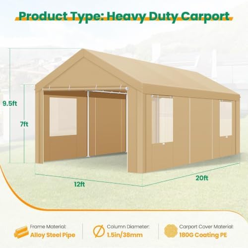 Tooluck 12x20 FT Heavy Duty Carport with Galvanized Frame