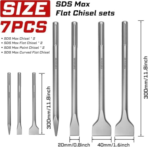 GEINXURN SDS MAX Chisels, 7PCS 12-Inch Long Masonry Chisel Bit Set, 40Cr Stee...