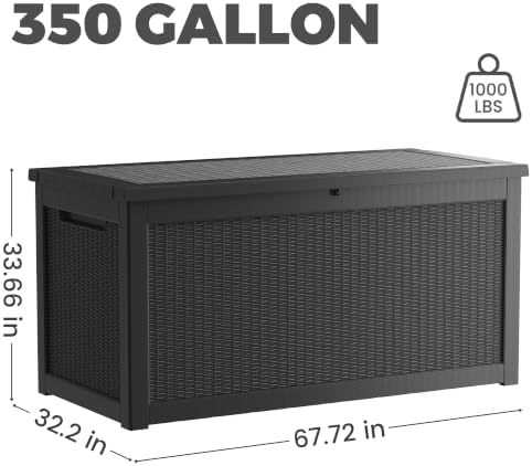 350 Gallon Outdoor Storage Box, Extra Large Waterproof Resin Deck Box with Lo...