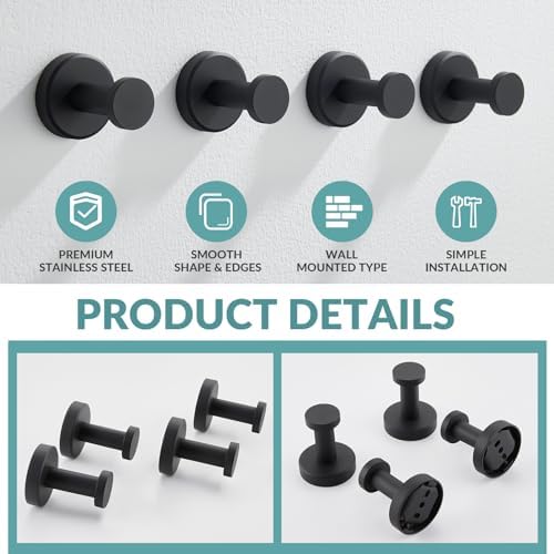 APLusee Matte Black Towel Hooks for Bathroom Storage, 4 Pack, Wall Mounted