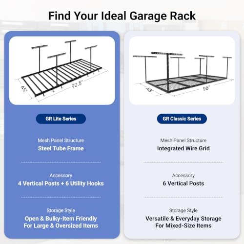 FLEXIMOUNTS 4x8 Overhead Garage Ceiling Storage Rack with 6 Hooks, Black