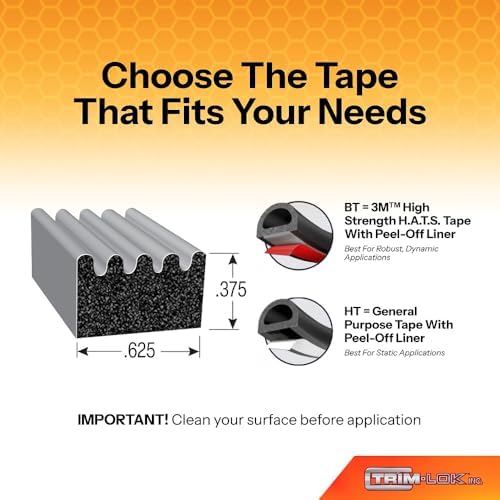 TRIM-LOK Ribbed Rectangle Rubber Seal with High Tack Tape, 0.187-Inch Height,...