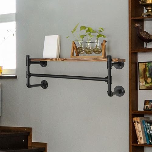 WEBI Wall Mounted Clothes Rack with Shelf,32" Industrial Pipe Clothing R...