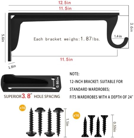 Heavy Duty Closet Rod Support Bracket 400lbs 12x5.6in(4pack Black)