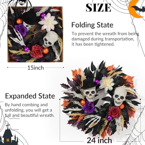 Waipfaru 24 Inch Halloween Wreath for Front Door, Halloween Door Wreath
