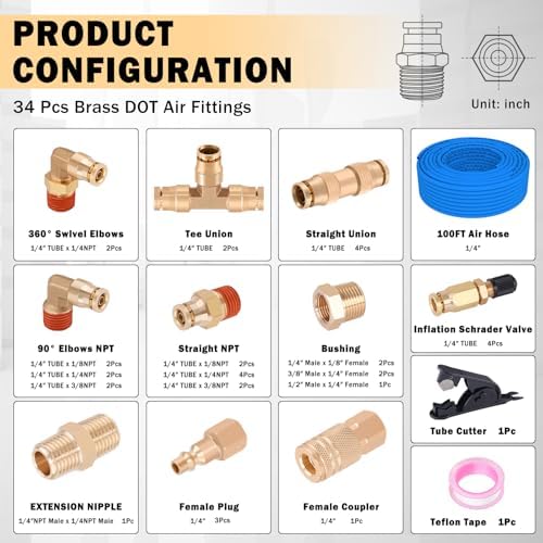 CheeMuii 37Pcs 1/4 Brass DOT Air Line Fittings with 100FT 1/4" DOT Air Line