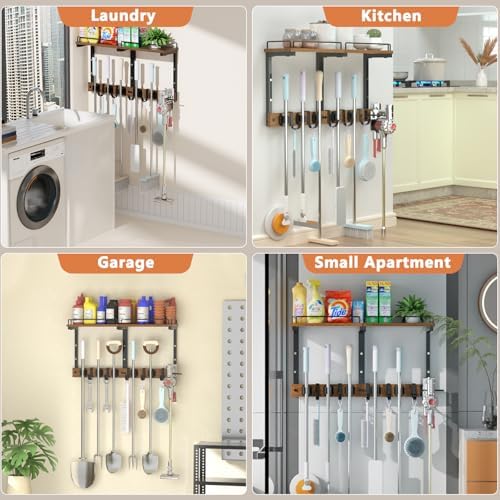 Broom and Mop Organizer Wall Hanging with Cleaning Supplies Organizer,Brown