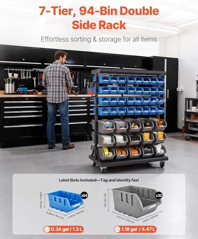 VEVOR 7-Tier Double-Sided Rolling Bin Storage Rack, 94 Plastic Bins, Dual-Sid...