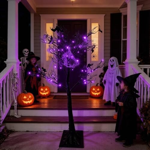 HipTree Lighted Black Halloween Tree 4ft with 150LED Orange Purple Lights