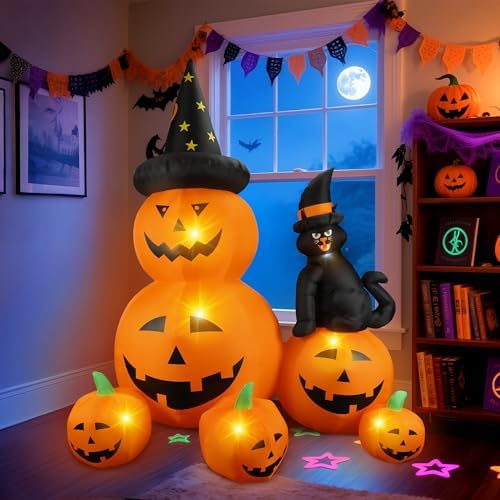 6Ft Halloween Inflatable Decorations Pumpkins Patch Lanterns with Black Cat w...