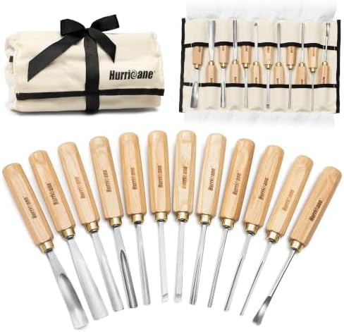 HURRICANE 12-Piece Starter Wood Carving Tools Set, Professional Wood Carving Kit with Razor Sharp 60CRV Steel Blades, Ash Wood Handles & Canvas Case for Beginners Professionals Specialties