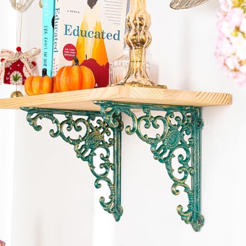 Sungmor Vintage Cast Iron Shelf Brackets - 2 Pack 7.7 Inch Rustic Green