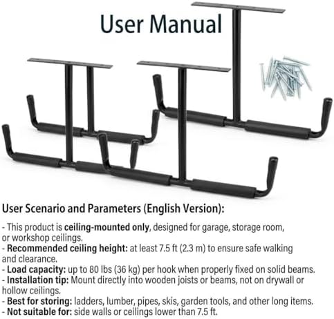 QWORK Overhead Ceiling Hooks Rack – Heavy Steel Storage Hangers for Garage, W...