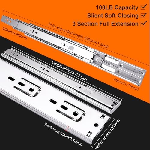 22 inch Drawer Slides 4 Pairs (8pcs) Soft Close 3 fold Full Extension Side Mo...