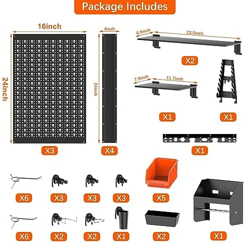 TORACK Metal Pegboard Wall Organizer 24x48 in, Tool Storage Pegboard, Black