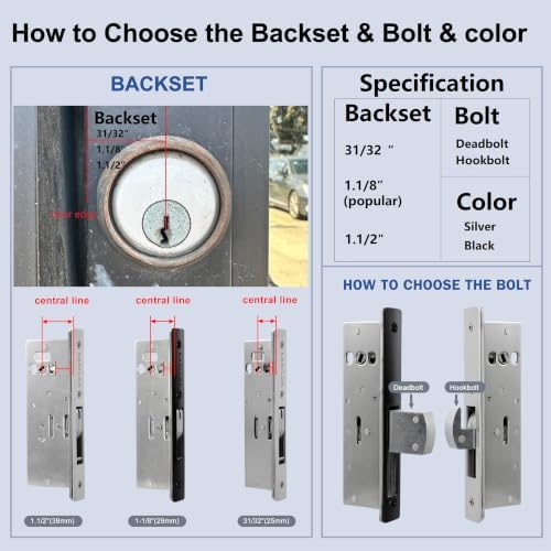 Storefront Door Lock Commercial Mortise Hook Bolt (Black, 1-1/8" Backset...