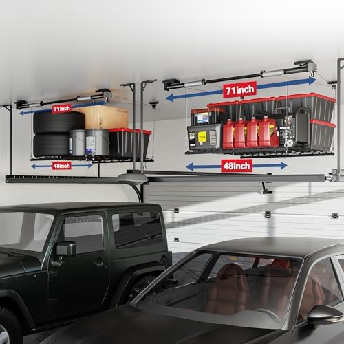 FLEXIMOUNTS Garage Lifting Metal Rack, 4x4 Ft Overhead Garage Storage Racks, ...