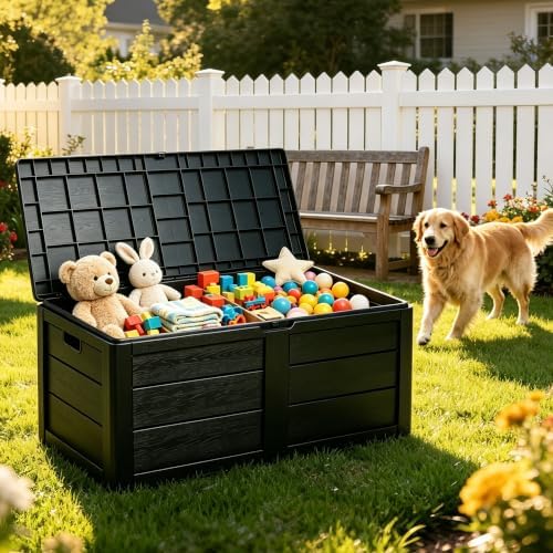 70 Gal Outdoor Storage Box, Waterproof Deck Box for Outdoor Tools, Black