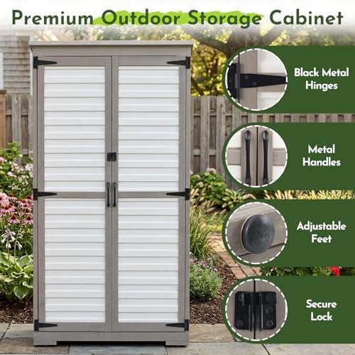 Tall Outdoor Storage Cabinet with Adjustable Shelves, White Plastic & Woo...