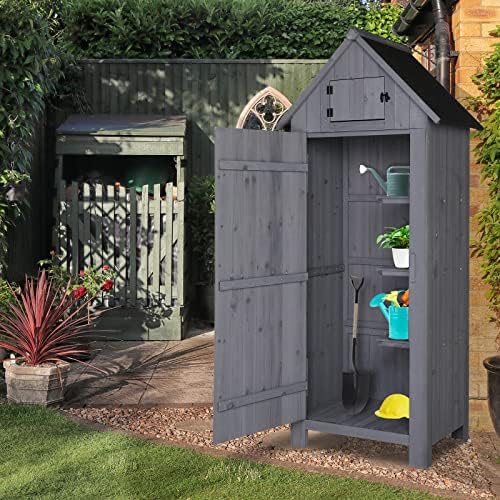 VINGLI Outdoor Wooden Storage Shed, Garden Shed Outside Tool Cabinet with Saf...