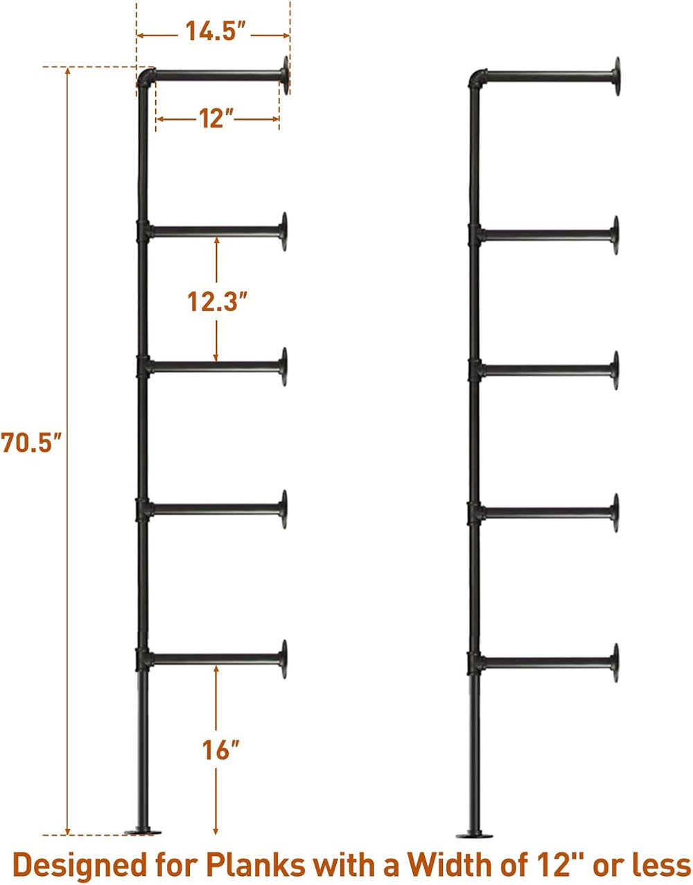 HITOMEN Industrial Iron Pipe Shelves, 2 Set 5-Tier 70.5" Tall 12" D...