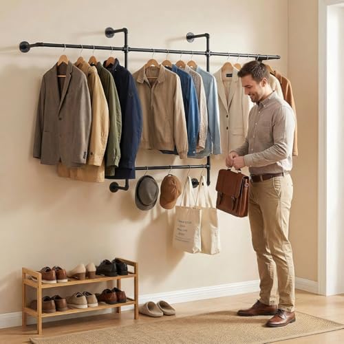 Industrial Pipe Clothing Rack, Hanging Garment Rack, Wall Mounted Pipe Clothe...