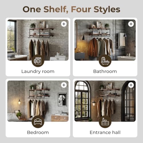 Industrial Pipe Clothing Rack with Top Shelf, Space-Saving Wall Mounted Cloth...