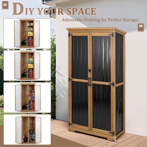 Outdoor Storage Cabinet, Wood & Metal Storage Shed with Weather-Resistant...