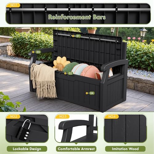 Greesum 80 Gallon Storage Bench Outdoor Deck Box with Armrest, Black