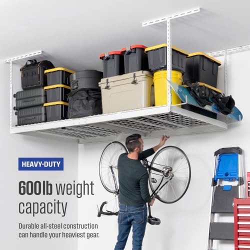 SafeRacks White 4x8 Overhead Storage Rack w/ 5-pc Hook Pack (24”-45" Drop)