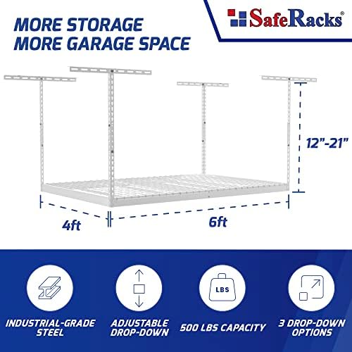 SafeRacks 4x6 Overhead Garage Storage Rack, White, 12"-21" Height