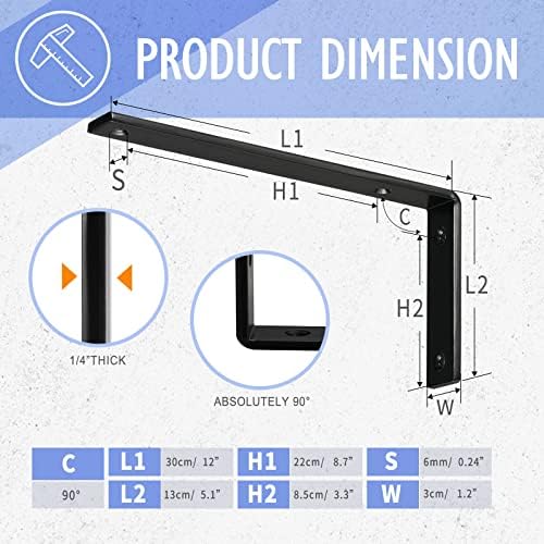 CLT Black Shelf Bracket, 12” X 5” Quarter Inch (1/4") Thick- Max Load: 4...