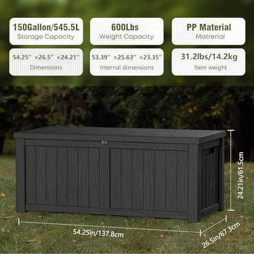150 Gallon Outdoor Storage Box Patio Deck Box Waterproof, Resin Lockable Outs...