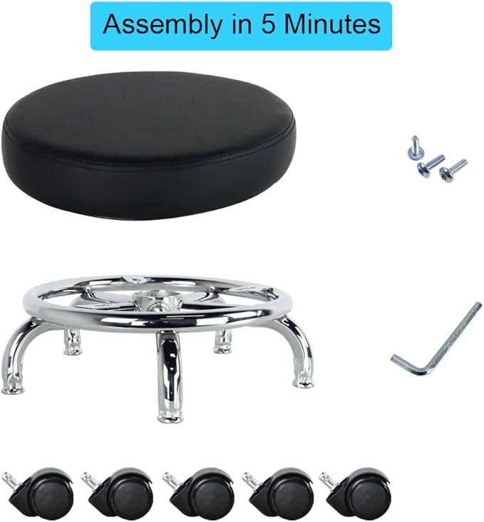 Modern Roller Seat PU Leather Low Round Rolling Stool 360 Swivel Small Stool